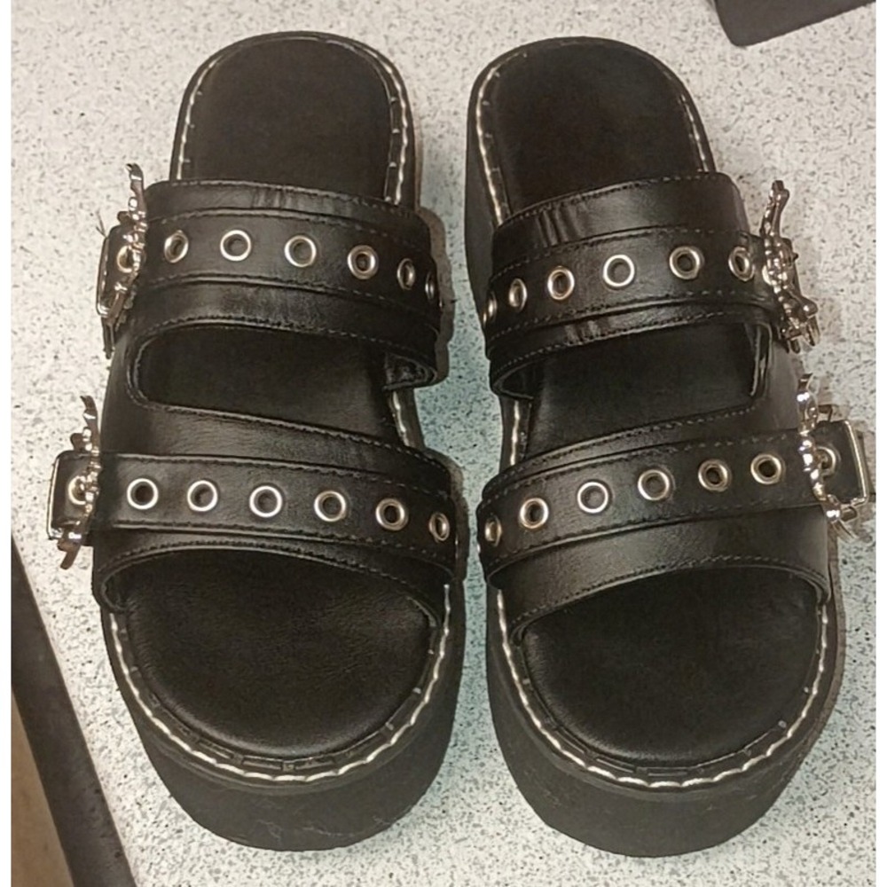 Size 9 Demonia Platform Sandals Black Bat Buckle Grommet Goth Slides